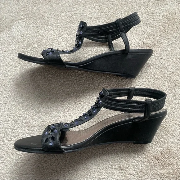 Black T-Strap Sandals with Embellishments - Picture 3 of 5